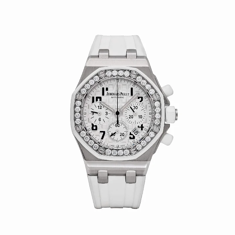 Men's Audemars Piguet Smart Watches-Audemars Piguet Royal Oak Offshore 26048SK.ZZ.D010CA.01 Stainless Steel White Dial Diamond Bezel