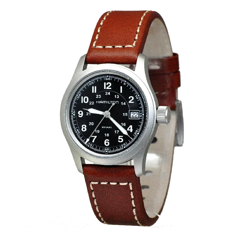 Men's Chronograph Watches with Personalized Engraving-Hamilton Men's H68311533 Khaki Field Brown Leather Watch