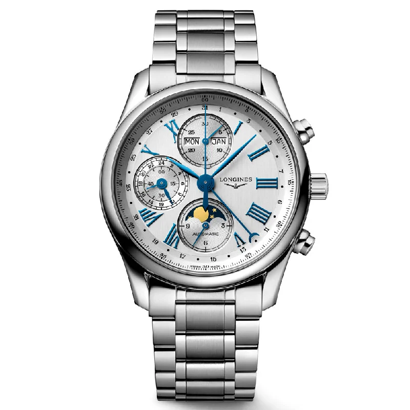 Women's Chronograph Watches with Classic Design-Longines Master Collection 40mm Silver Dial Automatic Chronograph Day & Date Moonphase Gents Watch L2.673.4.71.6