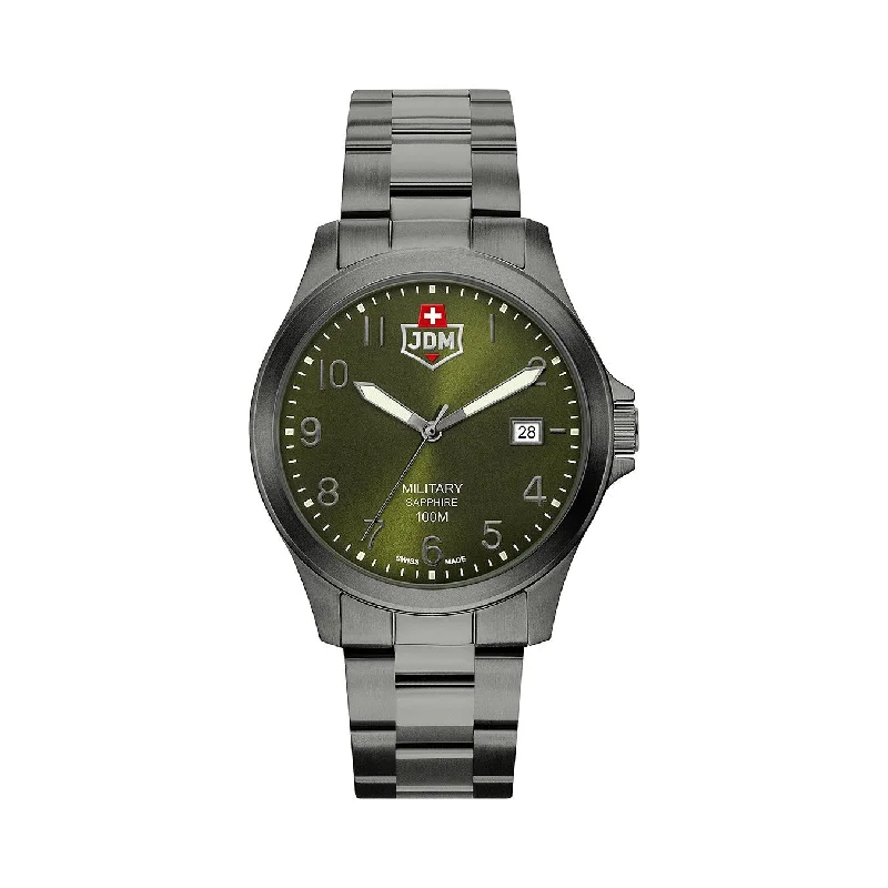 Men's Military Watches with Museum Exhibits-JDM Military Alpha I Men's Army Green Dial Watch JDM-WG001-08 – Swiss Made, Sapphire Crystal, 40mm, 10 ATM Water Resistance, Date Function