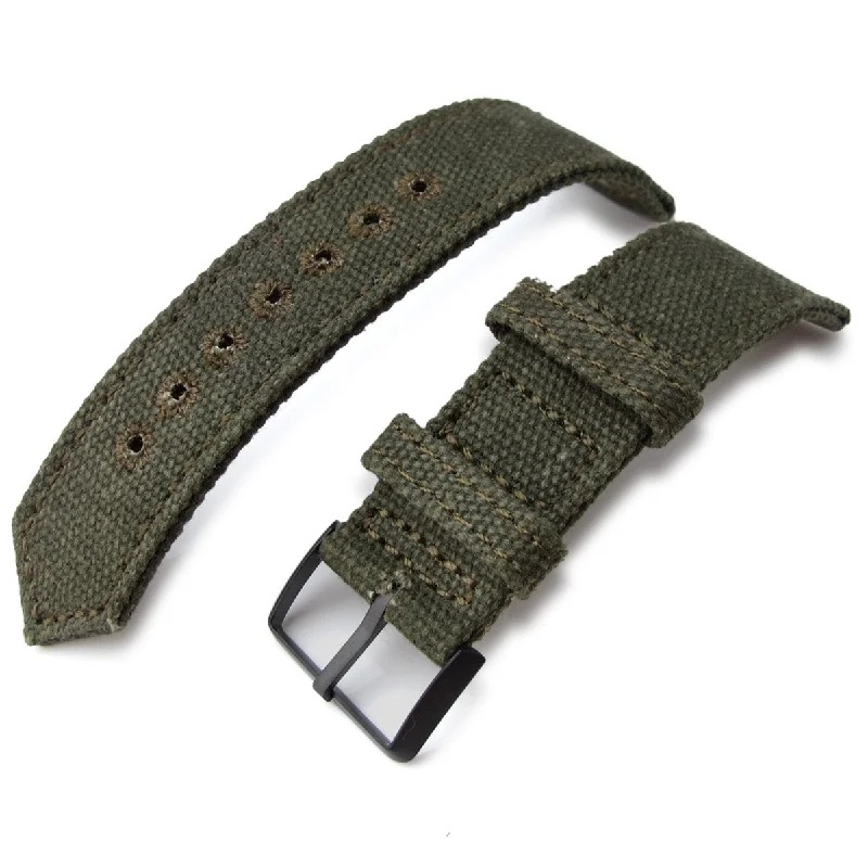 Men's Military Watches for Risk Assessment-20mm, 21mm or 22mm MiLTAT WW2 2-piece Military Green Washed Canvas Armband with lockstitch round hole, PVD Black