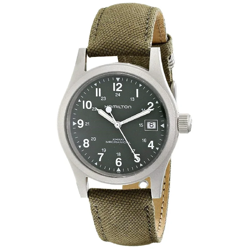Men's Chronograph Watches with Laser Engraving-Hamilton Men's H69419363 Khaki Field Mecahnical Hand Wind Green Canvas Watch