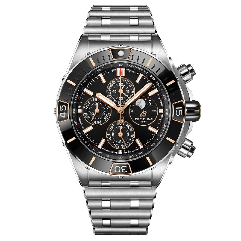 Women's Chronograph Watches with Anniversary Edition-Breitling Super Chronomat 4 Years Calendar & Moon Phase 44mm Black Dial Automatic Gents Watch I19320251B1A1