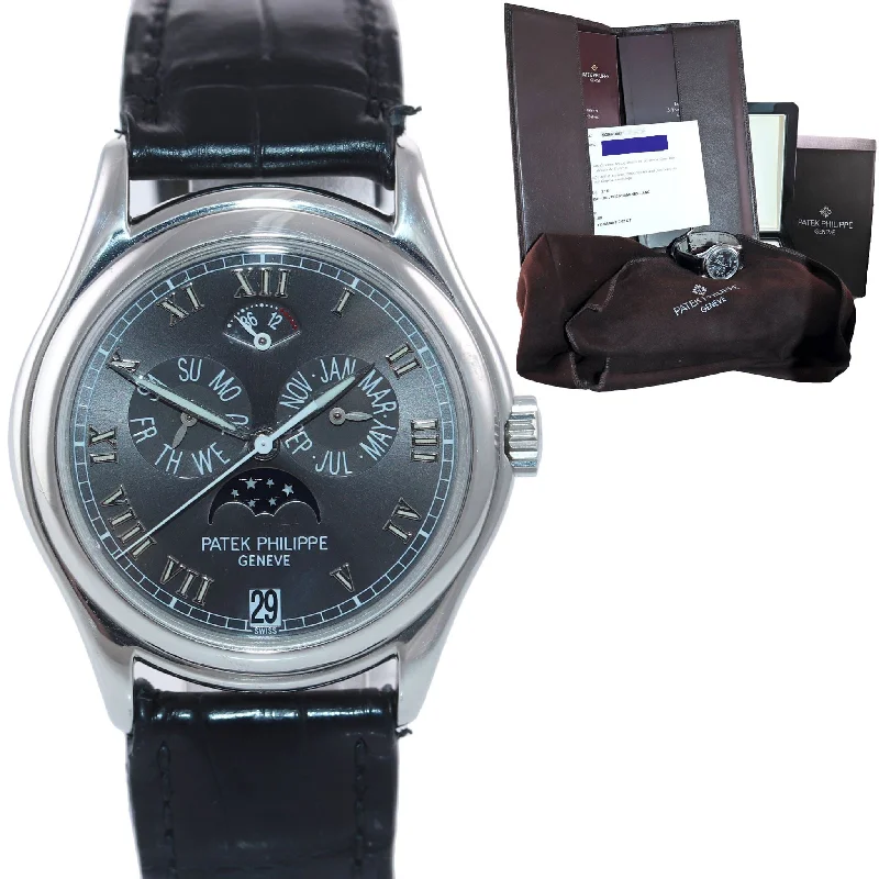 Patek Philippe Christmas Gift Style Watches for Women-PAPERS Patek Philippe 5056P Platinum Grey Annual Calendar Watch Moonphase Box