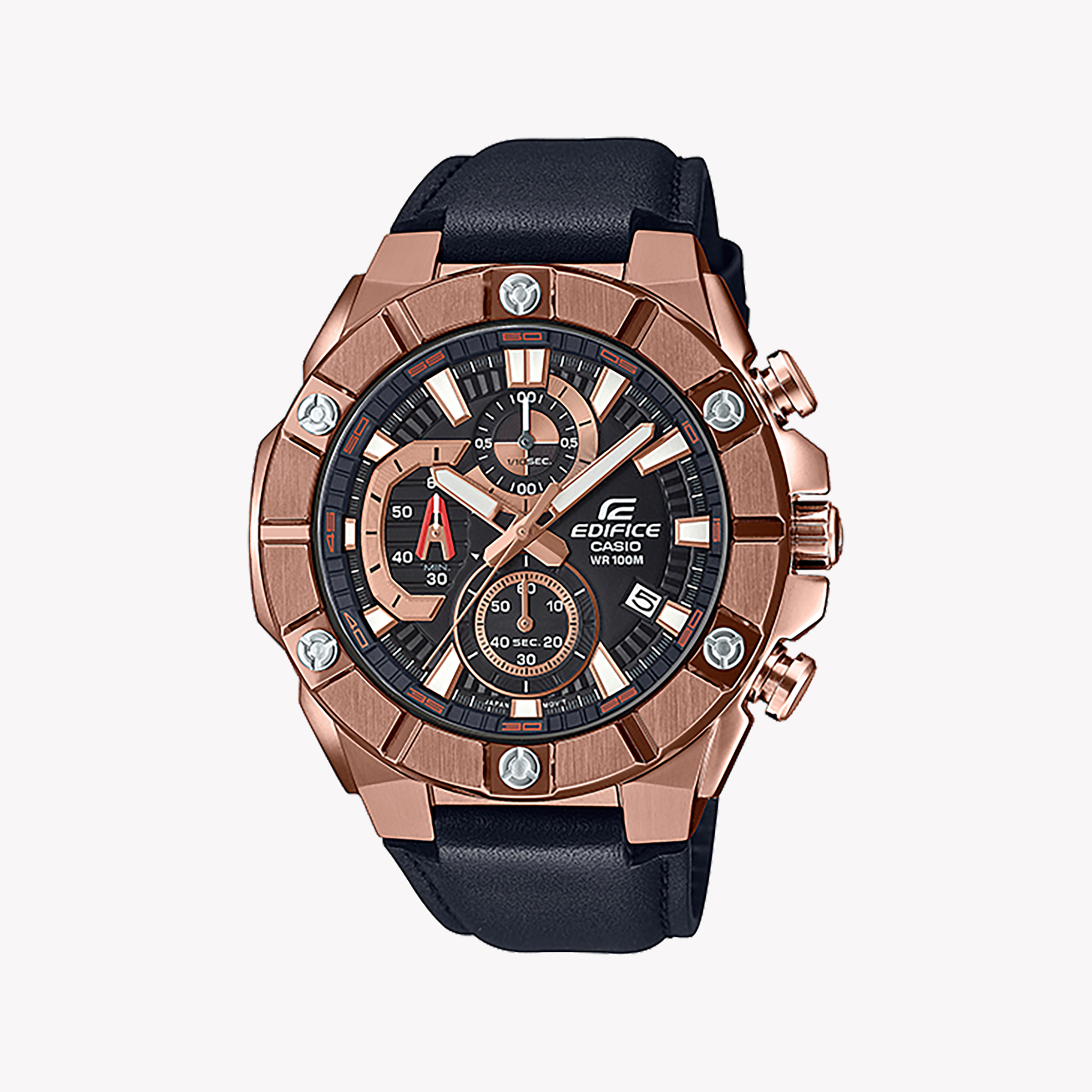 Men's Digital Watches for Timeless Style-CASIO EDIFICE EFR-569BL-1AVUDF - ROSE GOLD STYLE, BLACK LEATHER, MEN'S WATCH
