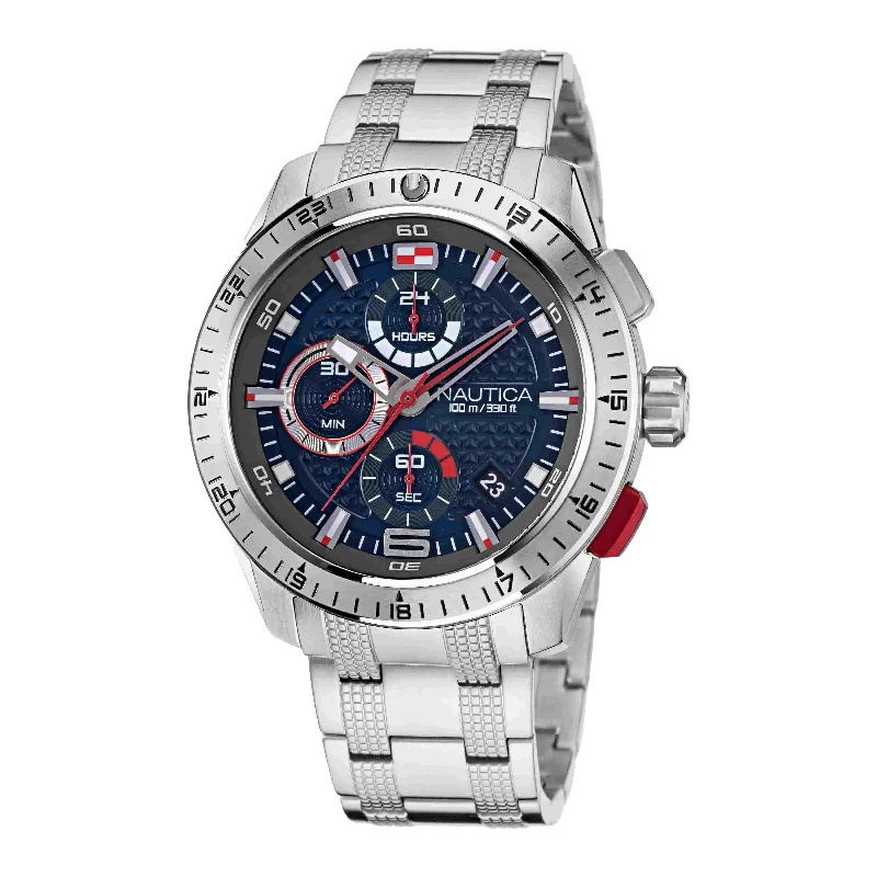 Women's Chronograph Watches for Emergency Signaling-Nautica NST Blue Dial Round Case Quartz Analog Men Watch