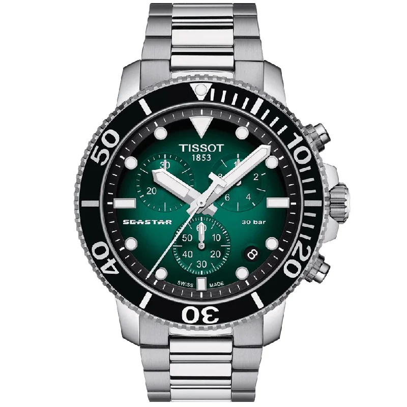 Women's Chronograph Watches with Hygrometer Feature-Tissot Seastar 1000 Chronograph 45.5mm Green Dial Gents Quartz Watch T1204171109101