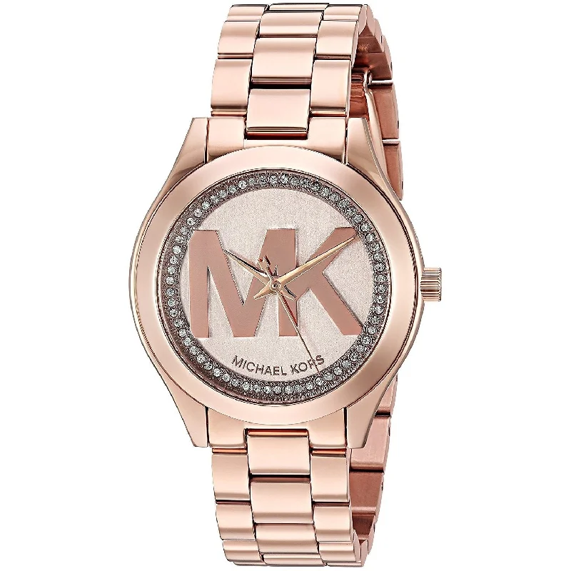 Women's Chronograph Watches with Morse Code Feature-Michael Kors Women's MK3549 Mini Slim Runway Crystal MK Logo Rose-Tone Stainless Steel Watch