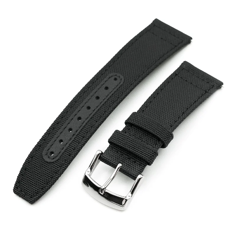 Men's Military Watches for Diplomatic Efforts-Q.R. Black Sailcloth Watch Band with leather lining, 19mm, 20mm or 23mm