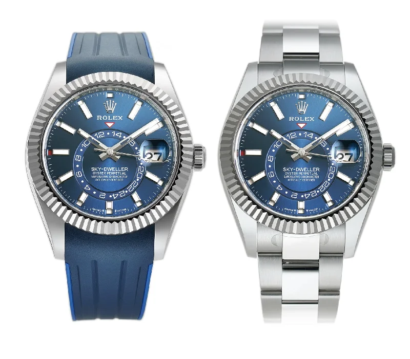 men's Rolex watches with jumping hour display -​42mm Stainless Steel Blue Dial 18k Fluted Bezel Oyster Bracelet With RubberB