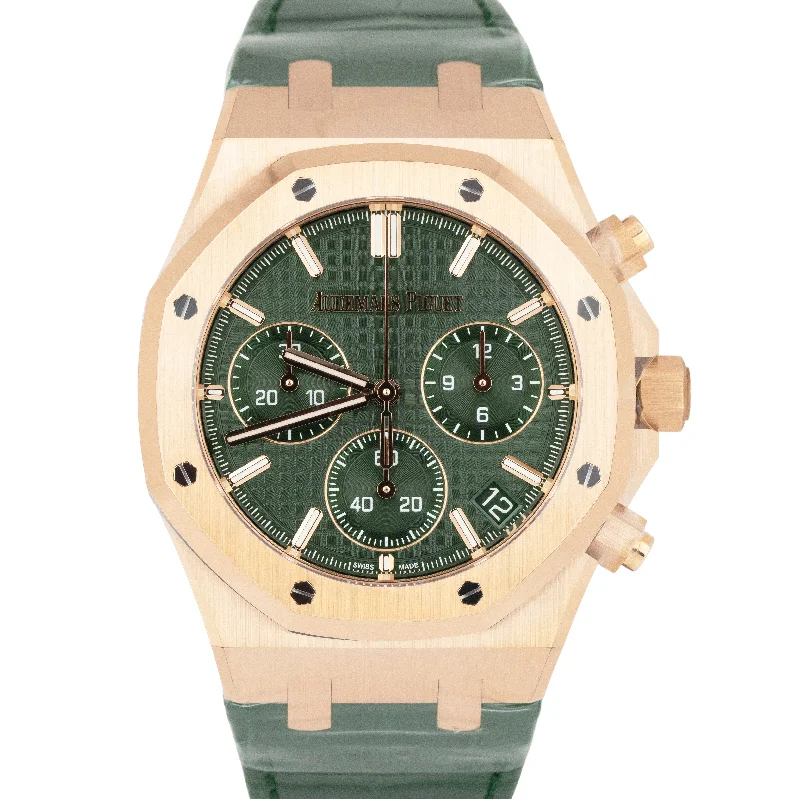 Audemars Piguet Square Case Style Watches for Women-NEW Audemars Piguet Royal Oak Chronograph Green 18K Rose Gold Watch 26240OR B+P