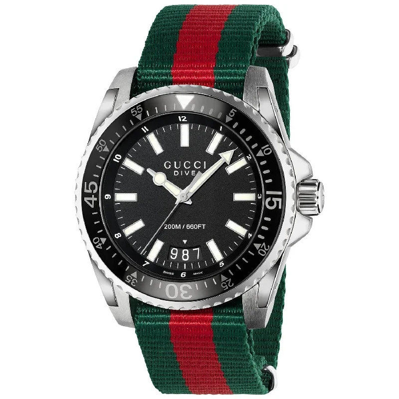 Men's Chronograph Watches for Temperature Monitoring-Gucci Men's YA136206 Dive Green and red Nylon Watch