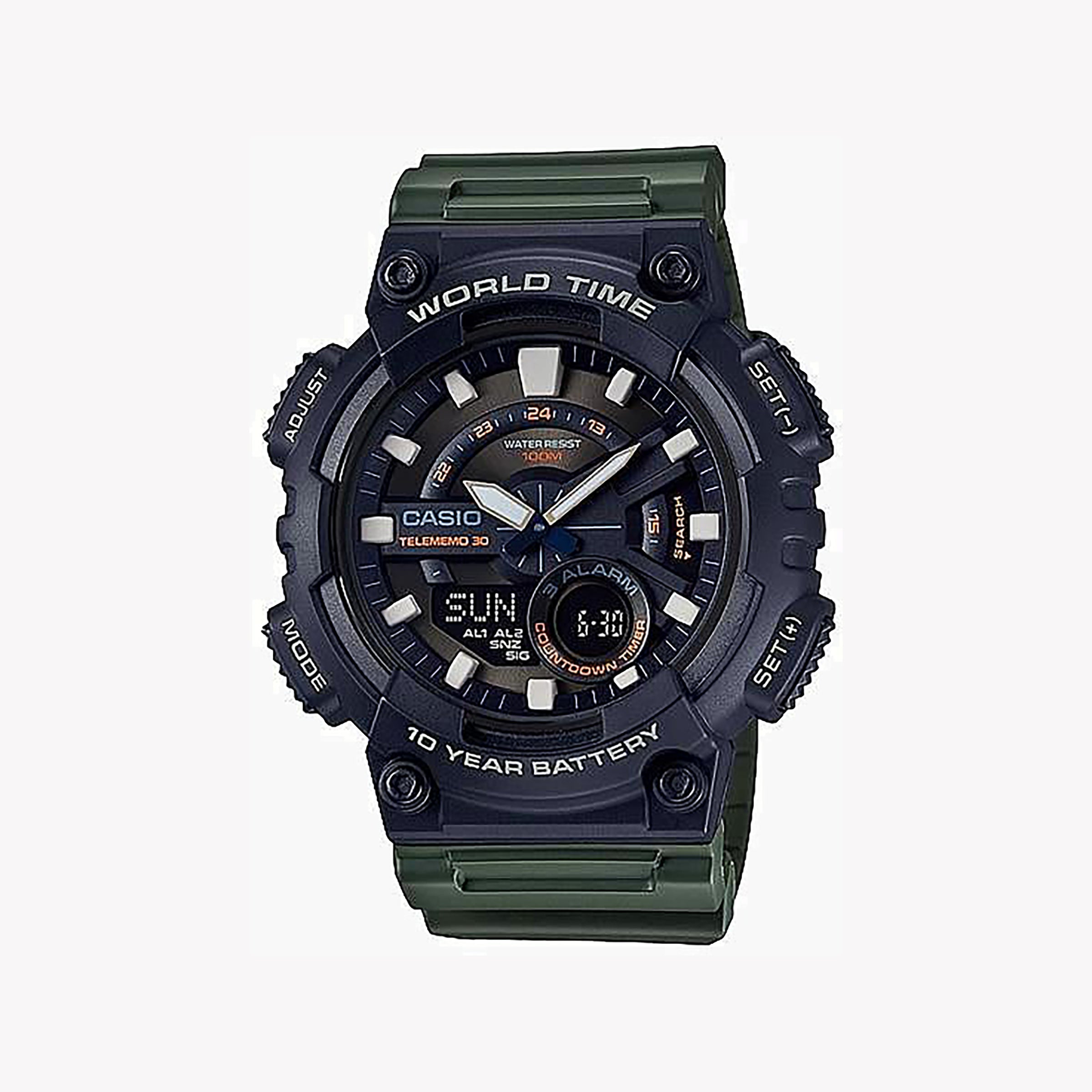 Men's Digital Watches with Laser Engraving-CASIO AEQ-110W-3AVDF - SPORTY ADVENTURER MEN'S WATCH with Bold Black Case & Green Band
