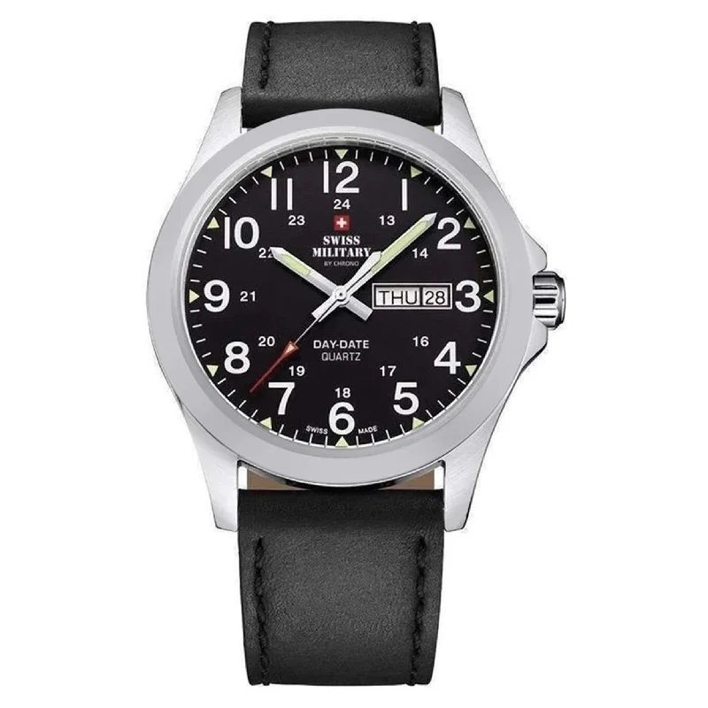 Men's Military Watches with Battlefield Reenactments-Swiss Military Black Leather Men's Watch - SMP36040.15