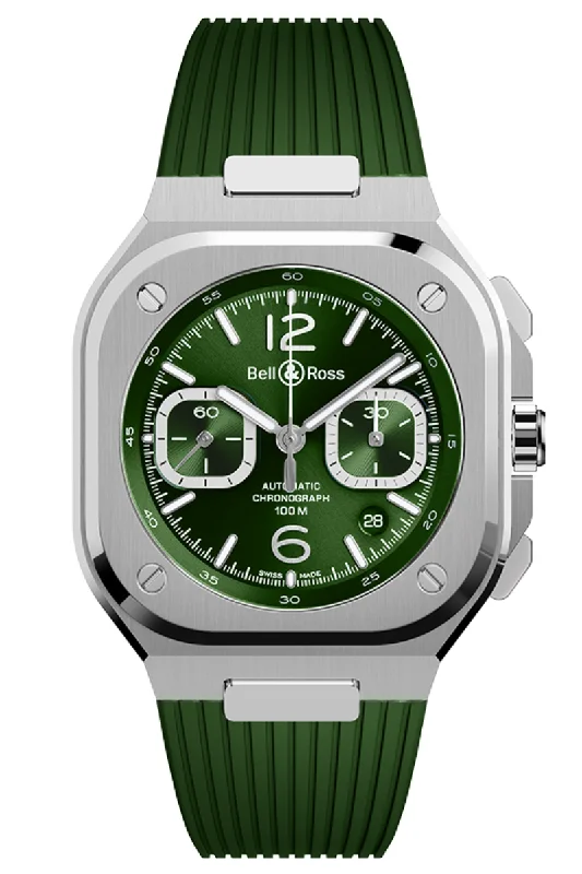 Men's Monogrammed Dress Watches for Wedding Parties-Bell & Ross BR05 Chrono Green Steel BR05C-GN-ST/SRB
