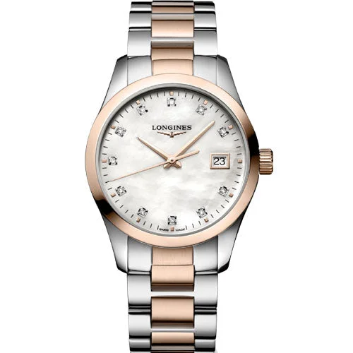 Women's Pilot Watches with Office Wear Style Inspiration-Longines Conquest Classic White Mother-Of-Pearl Dial Women 34mm