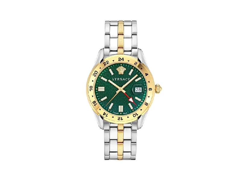 Men's Quartz Watches with GPS Navigation-Versace Greca Time GMT Quartz Watch, Gold, Green, 41mm, Sapphire, VE7C00623