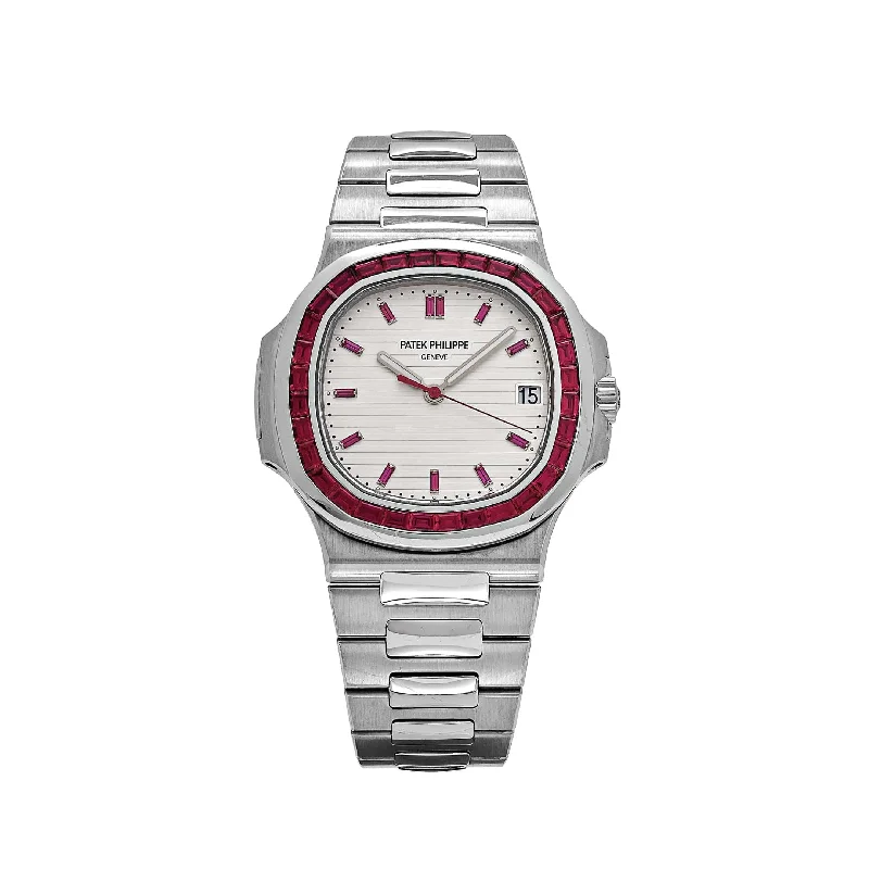 Men's Patek Philippe Watches for Radio Communication-Patek Philippe Nautilus 5711/112P-010 Platinum White Dial Ruby Bezel