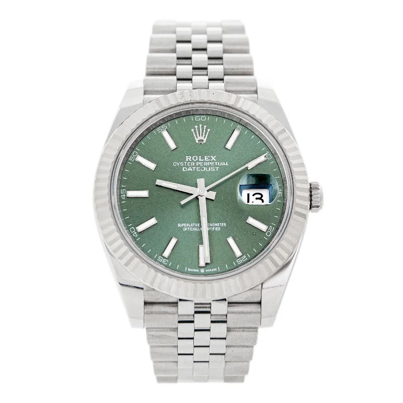 men's Rolex watches with retrograde display -​Rolex Datejust 41 Stainless Steel Green Dial Fluted Jubilee 41mm 126334 Full Set