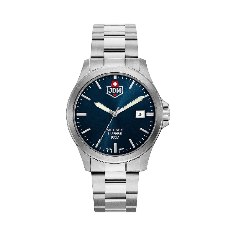 Men's Military Watches for Duty-Free Shopping-JDM Military Alpha II Men's Blue Dial Watch JDM-WG005-03 – Swiss Made, 40mm, Sapphire Crystal, 10 ATM Water Resistance, Date Function