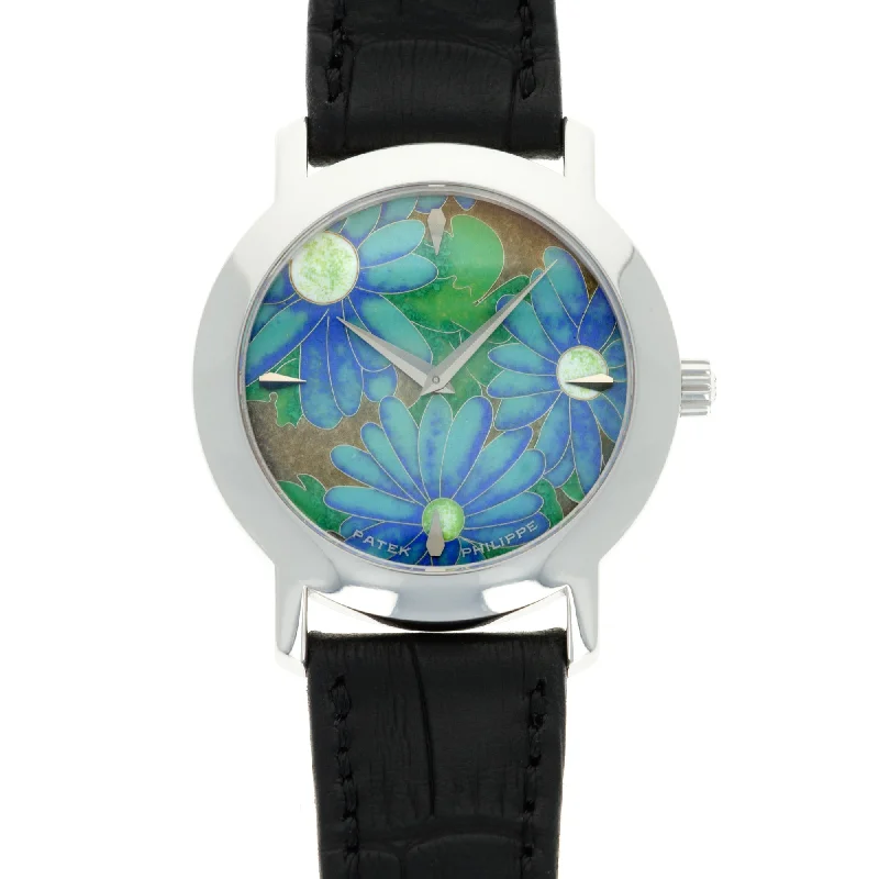 Men's Patek Philippe Watches with Heart Rate Monitoring-Patek Philippe White Gold Flower Handcraft Ref. 5075