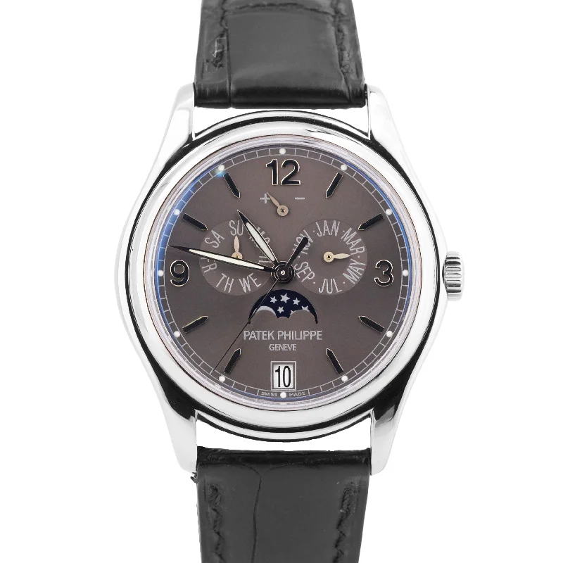 Patek Philippe Handmade Design Watches for Women-Patek Philippe Annual Calendar 18k White Gold RHODIUM 39mm 5146G Leather Watch