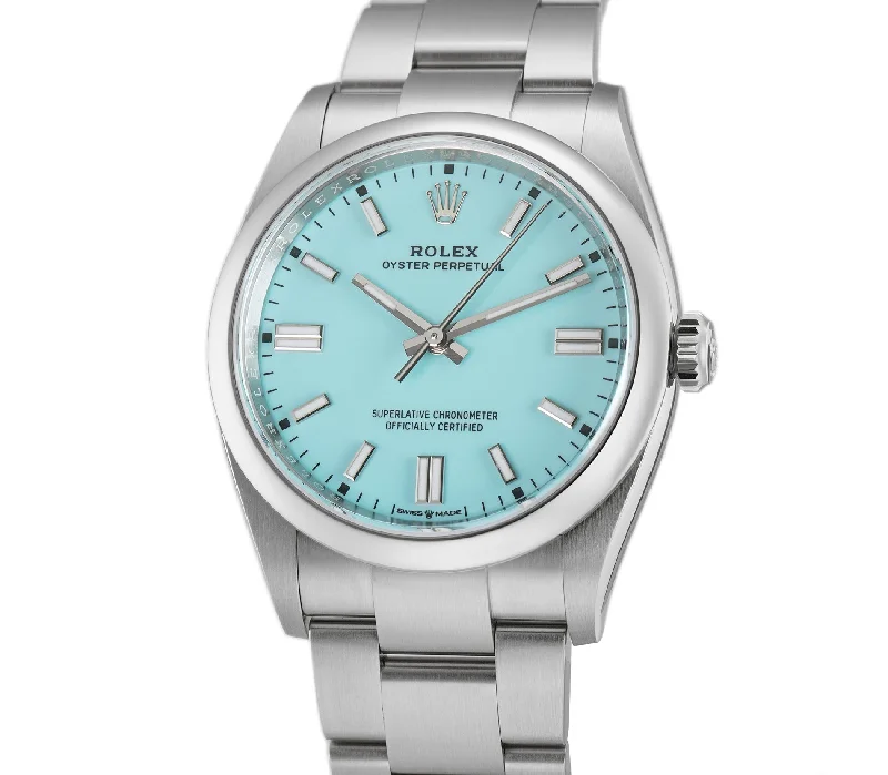 men's Rolex watches with green dials -​36mm No-Date Stainless Steel Turquoise Blue Index Dial