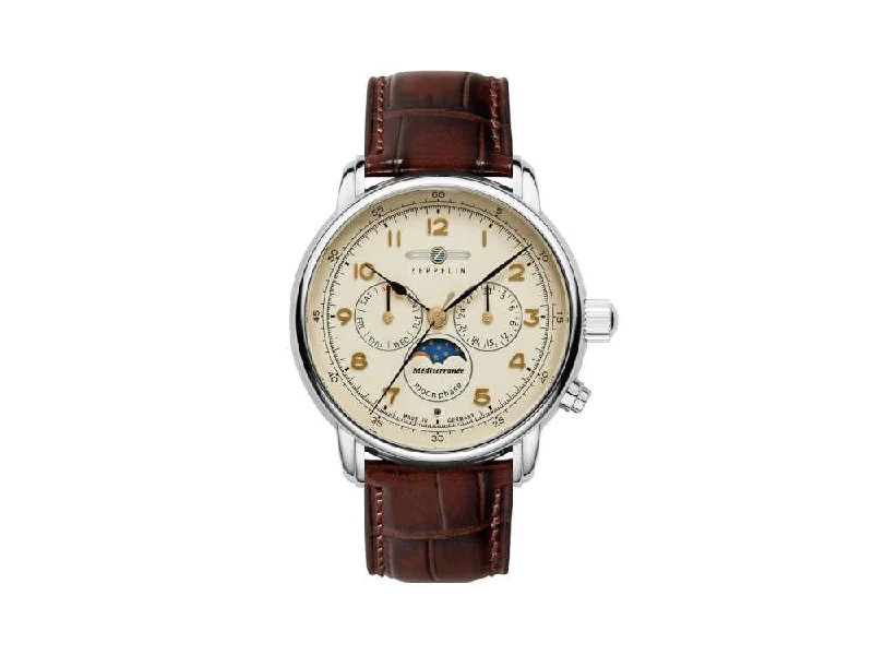 Men's Quartz Watches for Emergency Signaling-Zeppelin Méditerranée Quartz Watch, Beige, 40 mm, Day and date, 9636-5