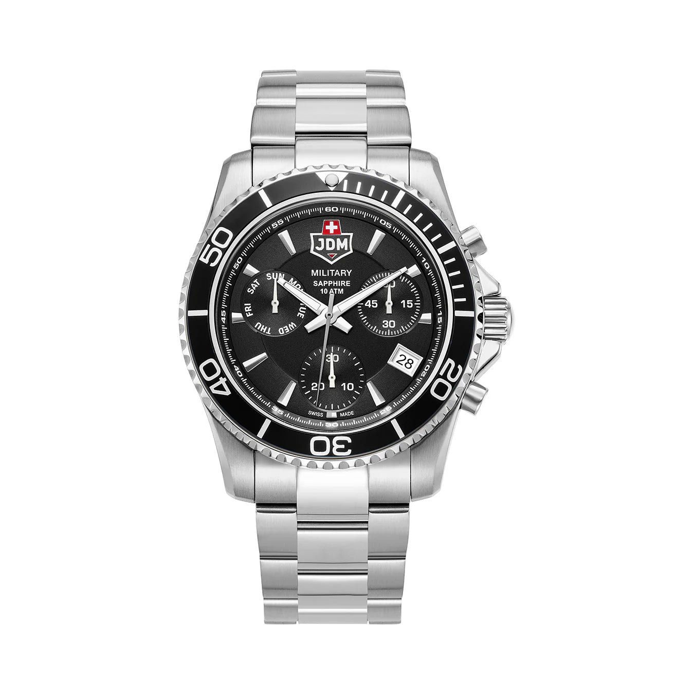 Men's Military Watches with Disaster Response Teams-JDM Military Sierra Chrono Men's Black Dial Watch JDM-WG019-01 – Swiss Made, 43mm, Sapphire Crystal, Chronograph, 5 ATM, Stainless Steel Bracelet