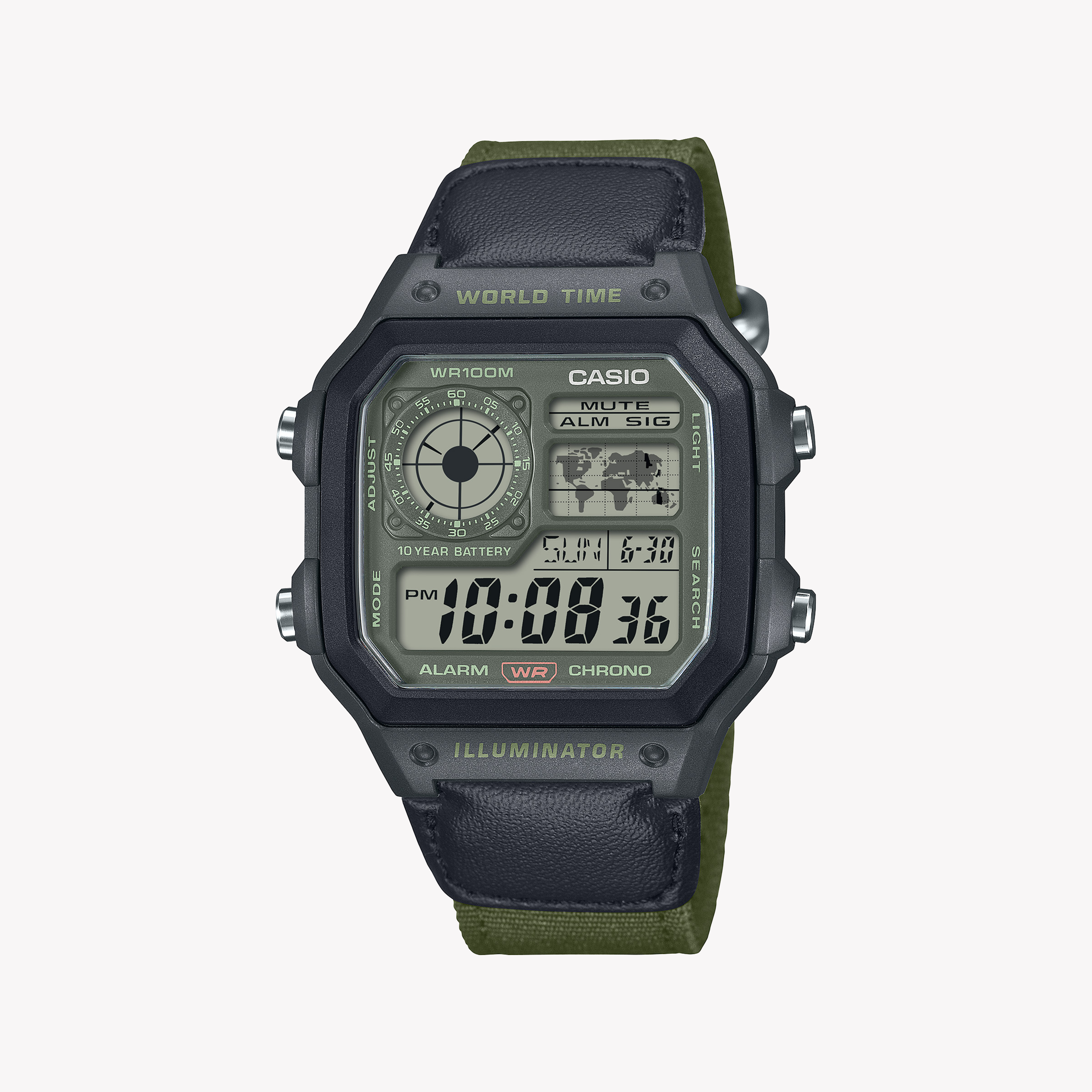 Men's Digital Watches for Customization-Casio Men's Black Synthetic Watch, Green Leather | AE-1200WHUB-3AVEF