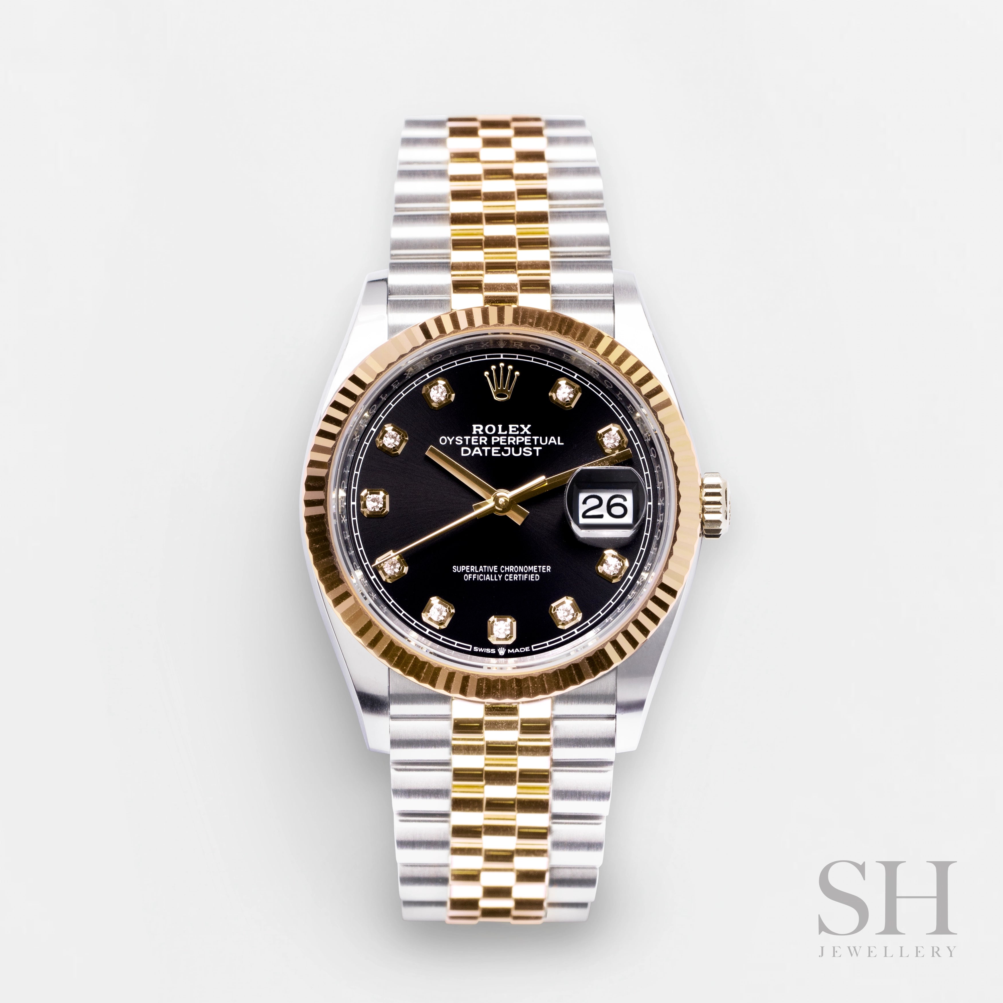 men's Rolex watches with linen dial -​Rolex Datejust36 36mm Steel/YG Black Dial Diamond Markers 2024 Ref m126233-0021 (#832)