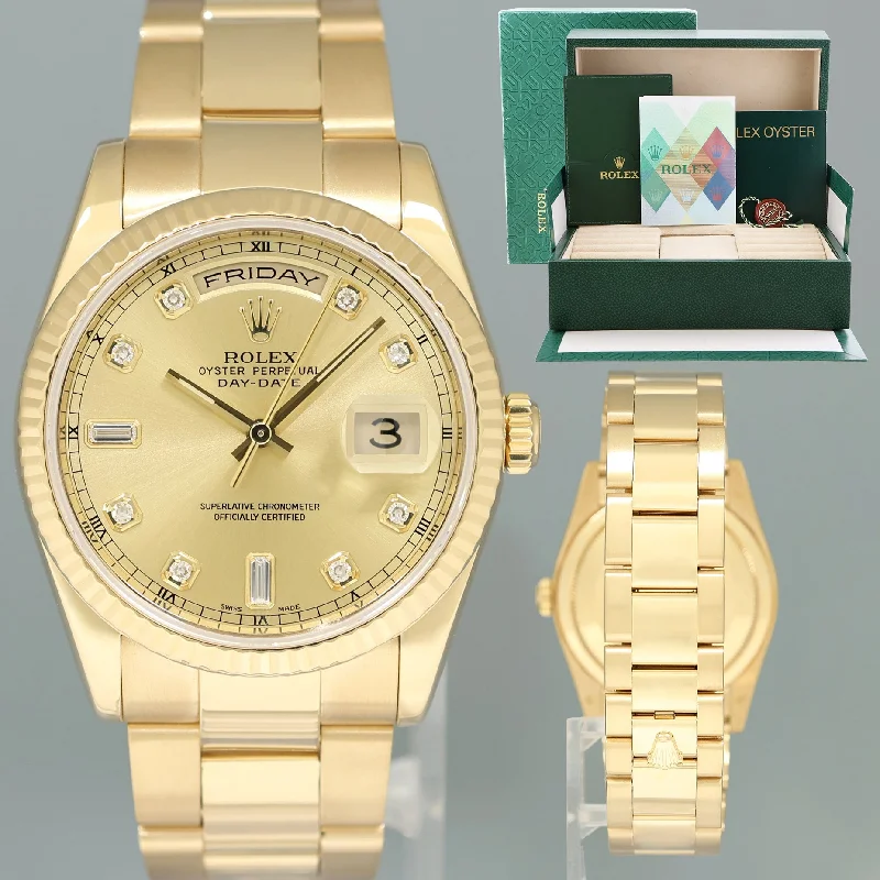 Women's Rolex Handmade Style Watches-MINT PAPERS Rolex President Yellow Gold Champagne Diamond 118238 Watch Box