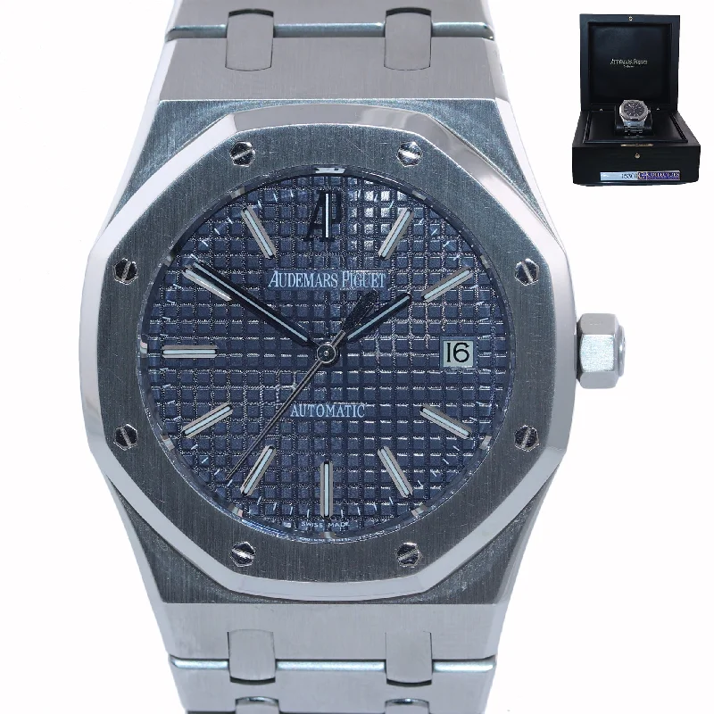Women's Audemars Piguet Fashionable Style Watches-Audemars Piguet Royal Oak Blue Stick Dial 39mm Steel 15300 Date Watch Box