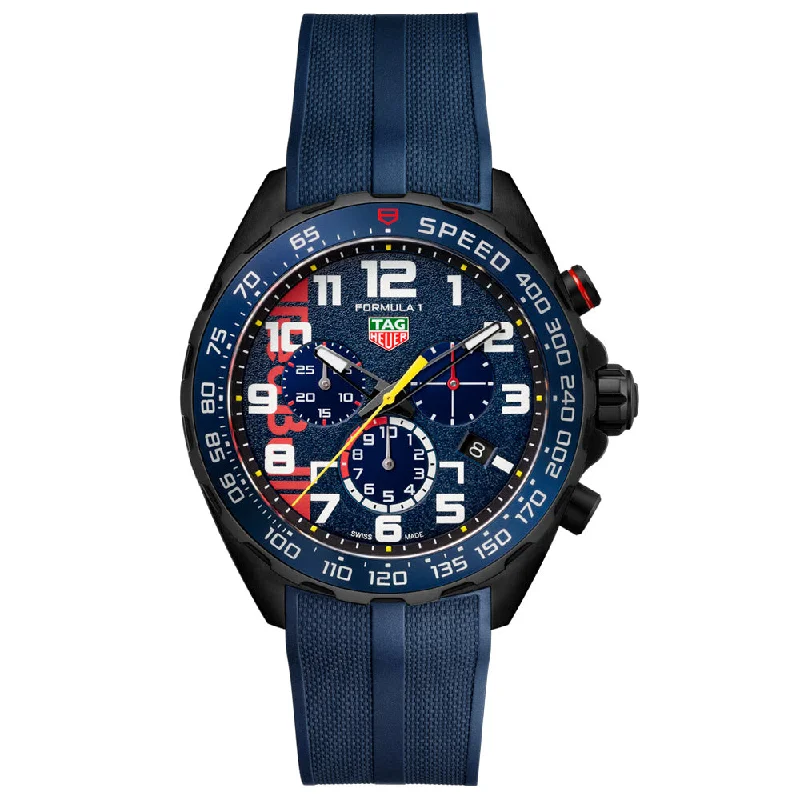 Women's Chronograph Watches with Morse Code Feature-TAG Heuer Formula 1 X Oracle Red Bull Racing Limited Edition 43mm Blue Dial Quartz Chronograph Gents Watch CAZ101AZ.FT8090