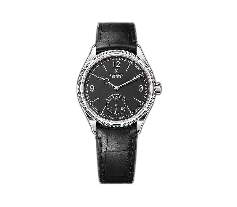 men's Rolex watches with leather straps -​39mm 18k White Gold Black Dial Open Case Back Caliber 7140