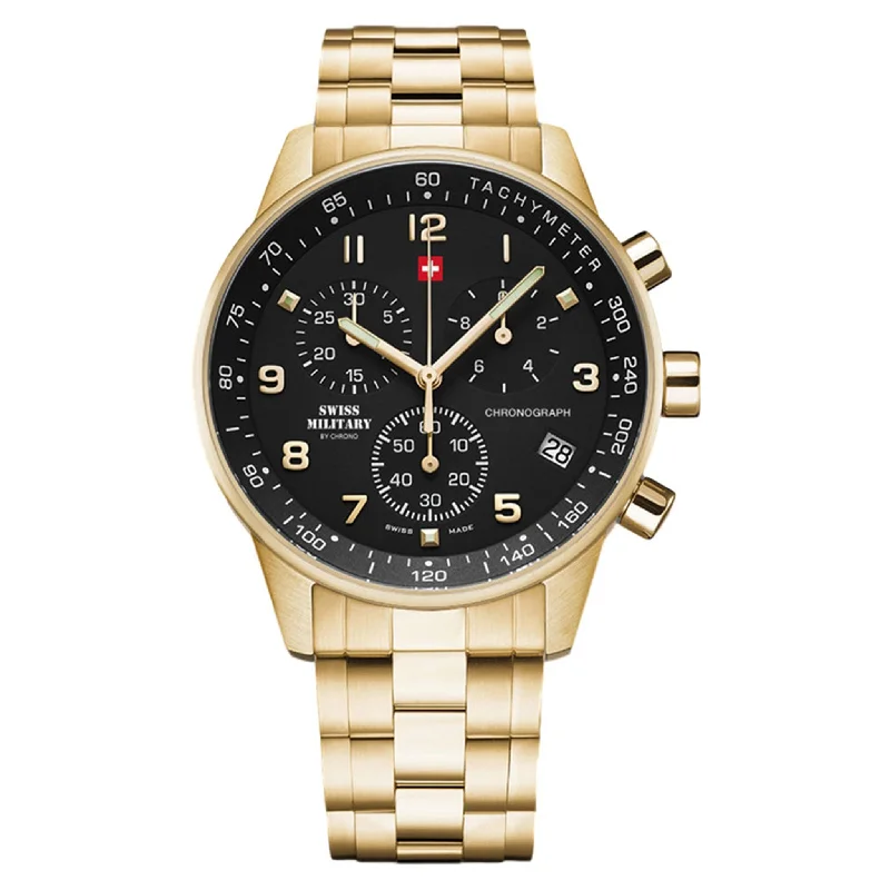 Men's Military Watches for Stealth Missions-Swiss Military Gold Stainless Steel Black Dial Chronograph Men's Watch - SM34012.12