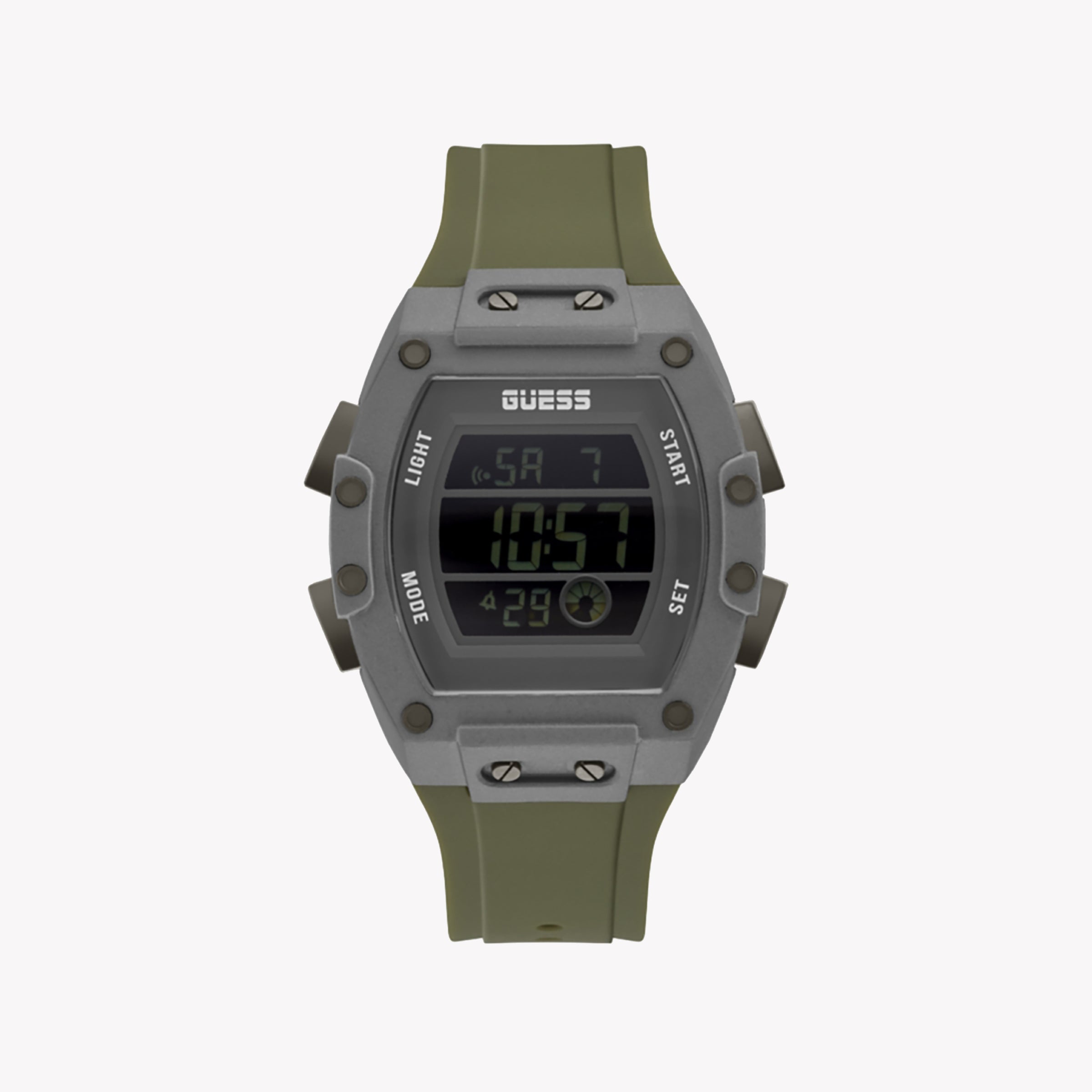 Men's Digital Watches for Outdoor Activities-GUESS Men's Silver Rubber Watch, Green Silicone | GW0340G3