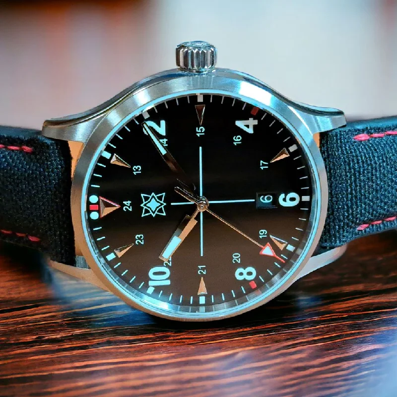 Women's Military Watches with Engagement Style Inspiration-Second Hour Sattelberg Officer (Black Dial) Pilot/Field Watch