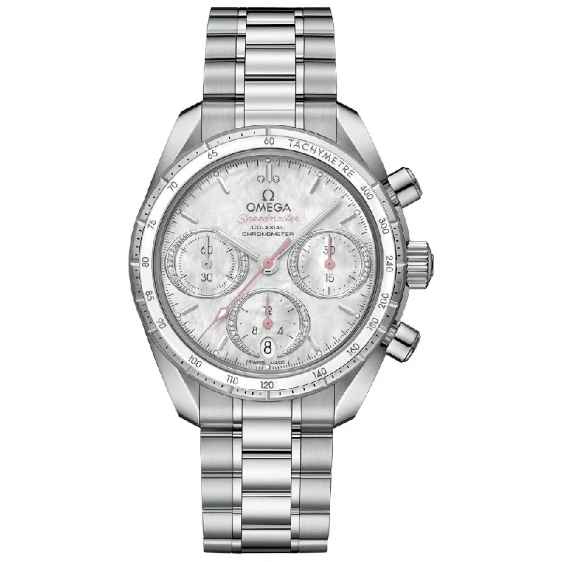 Women's Chronograph Watches for Humidity Monitoring-OMEGA Speedmaster 38 Chronograph 38mm MOP Dial Diamond Automatic Ladies Watch 32430385055001