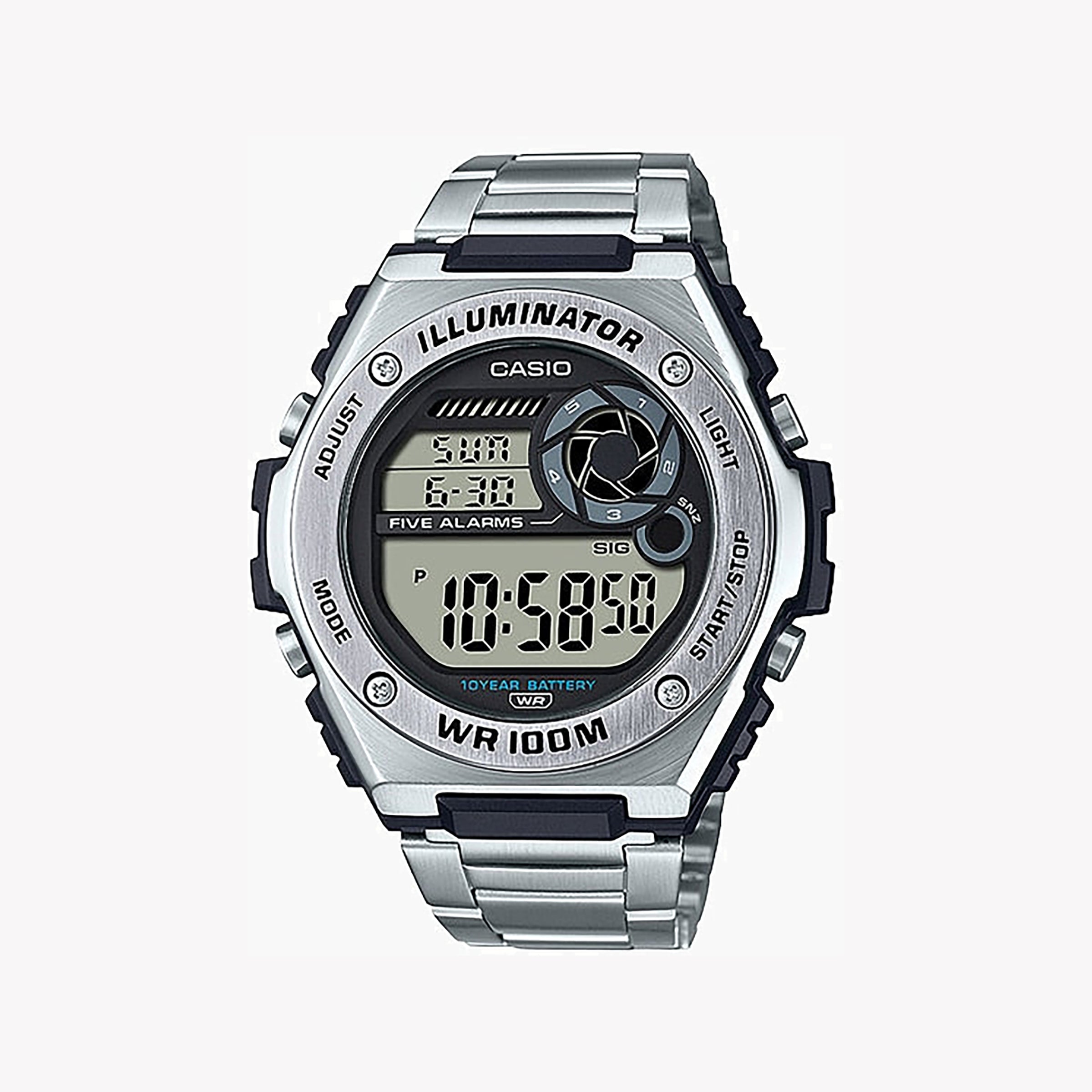 Men's Digital Watches with Hygrometer Feature-Casio Men's Silver Stainless Steel Watch, Digital Dial | MWD-100HD-1AVDF