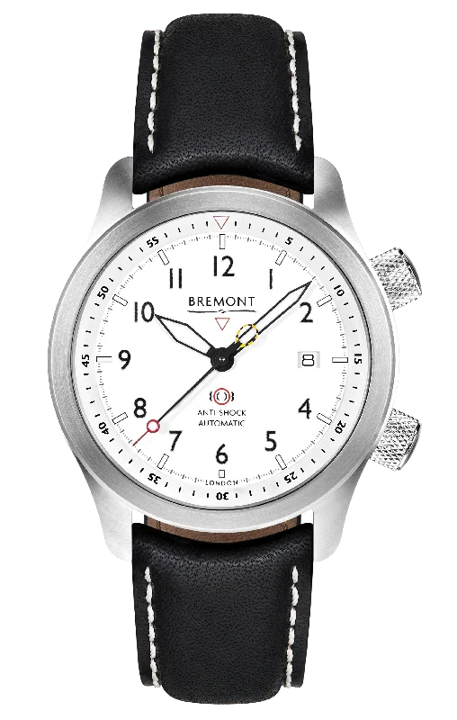 Men's Military Watches for Special Occasions-MBII Custom Stainless Steel, White Dial with Dark Blue Barrel & Closed Case Back