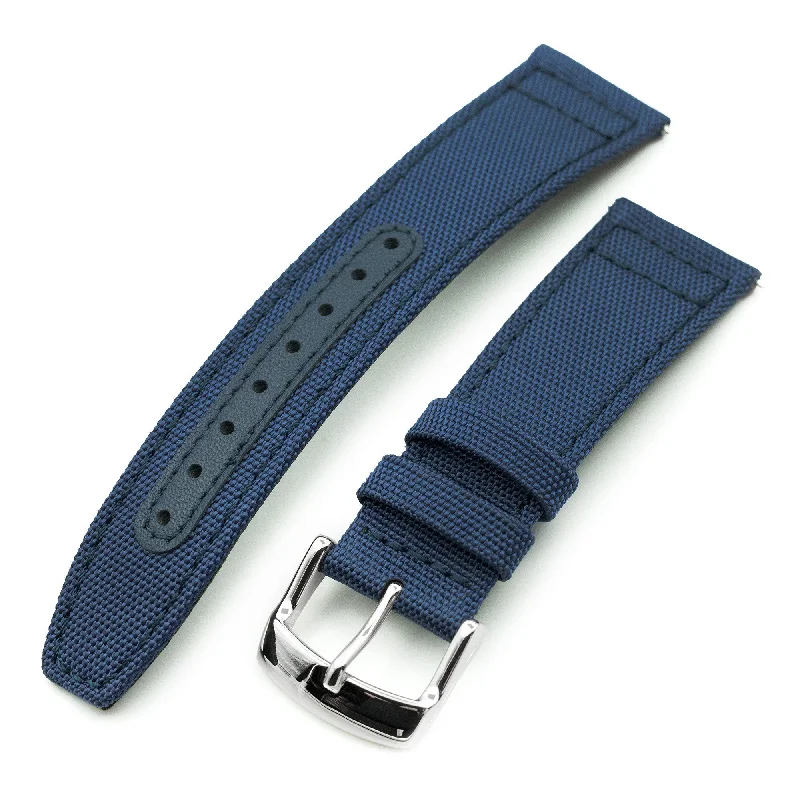 Men's Military Watches with Disaster Relief-Q.R. Navy Blue Sailcloth Watch Band with leather lining, 19mm, 20mm or 23mm