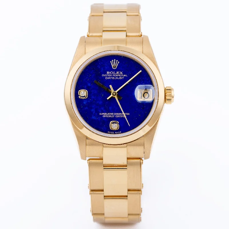 men's Rolex watches with Arabic numerals -​Rolex DateJust | REF. 68248 | 31mm | Lapis Lazuli Diamond Dial | 18k Yellow Gold | Midsize