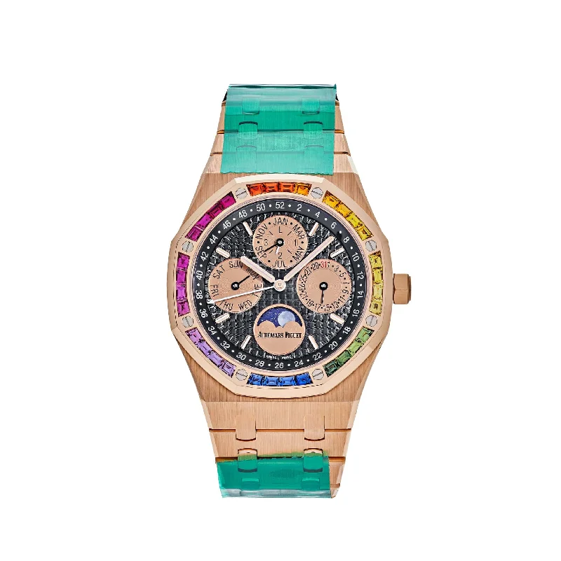 Men's Audemars Piguet Royal Oak Watches-Audemars Piguet Royal Oak Perpetual Calendar 26614OR.YY.1220OR.01 Rose Gold Rainbow Bezel Black Dial Limited Edition