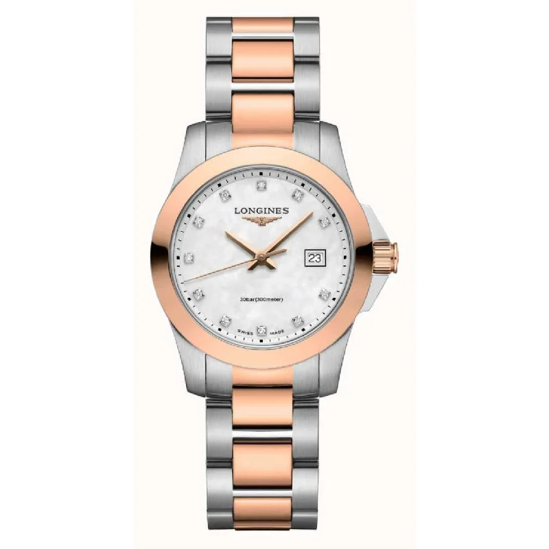 Women's Pilot Watches for Workouts-Longines Conquest White Mother-Of-Pearl Dial Women 29.5mm
