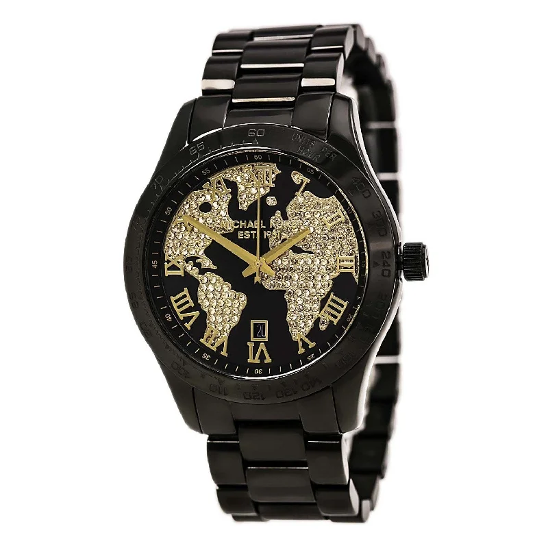Women's Chronograph Watches for Navigation Instruments-Michael Kors Women's MK6091 Layton World Map Crystal Black Stainless Steel Watch