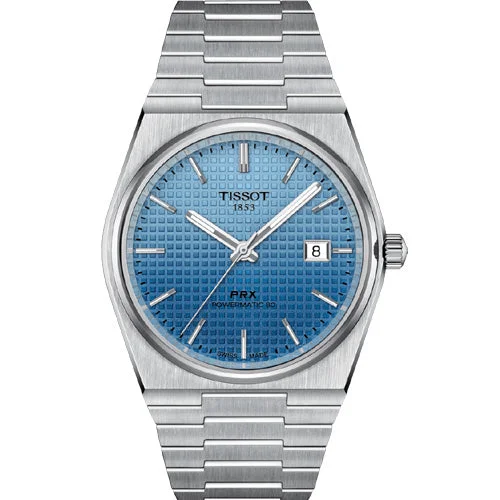 Women's Heritage Watches with Dual Time Zones-Tissot T-Classic PRX Ice Blue Chameleon Dial Men 40mm T1374071135101