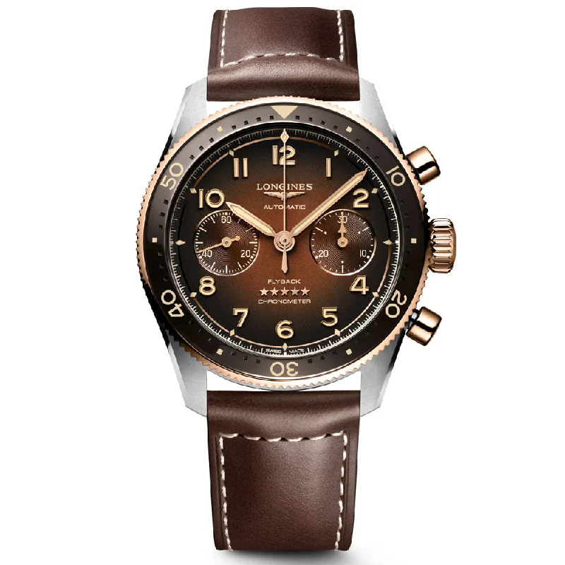 Women's Chronograph Watches for Emergency Signaling-Longines Spirit Flyback 42mm Brown Dial 18ct Pink Gold Capped Steel Automatic Chronograph Gents Watch L3.821.5.59.2