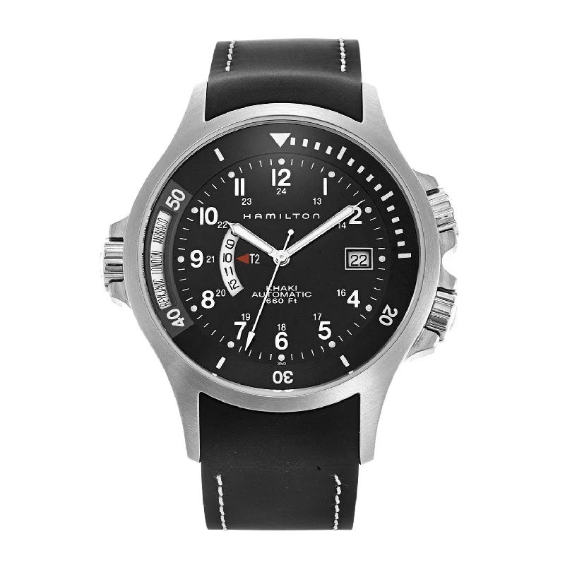 Men's Chronograph Watches with Date Display-Hamilton Men's H77615333 Khaki Navy GMT  World Time Automatic Black Rubber Watch