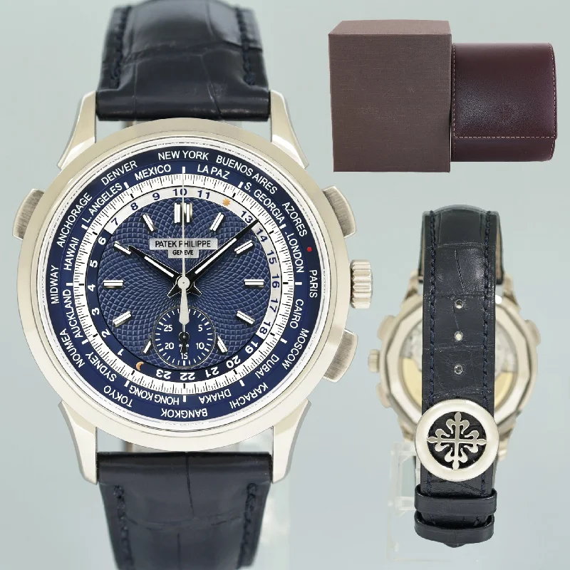 Women's Patek Philippe Modern Design Watches-2019 MINT Patek Philippe 5930g 39.5mm White Gold World Time Blue Calatrava Watch Box